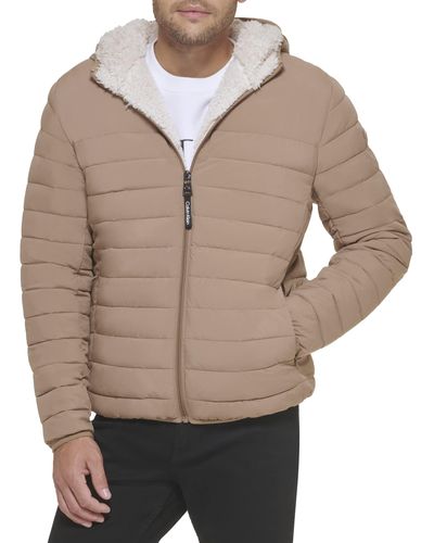 Calvin Klein Hooded Down Jacket Quilted Coat Sherpa Lined - Brown