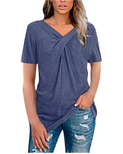 Superdry Lalaluka Blouse Short Sleeve Shirt Summer Short Sleeve V-neck Crossover Ruffled Loose T-shirt Tunic T Shirt Top T-shirt Shirt - Blue