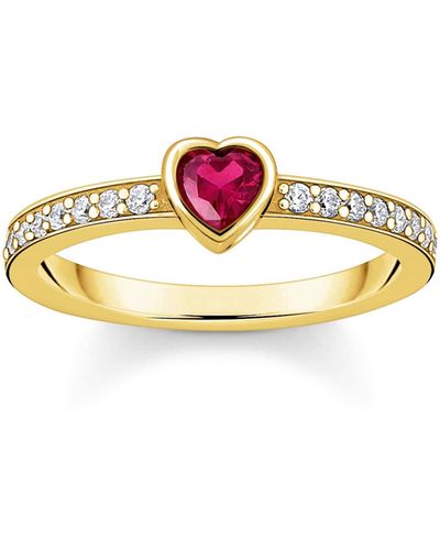 Thomas Sabo Gold-plated Solitaire Ring With Red Heart-shaped Stone 925 Sterling Silver - Metallic