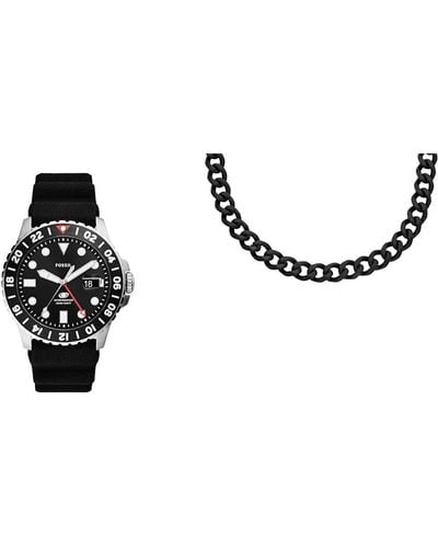 Fossil Uhr Blue GMT Silikon und Halskette aus Edelstahl - Schwarz