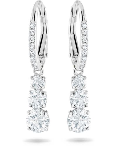 Swarovski Attract Trilogy Drop Pierced Earrings With White Crystals On A Rhodium Plated Setting With Hinged Closure - Metallic