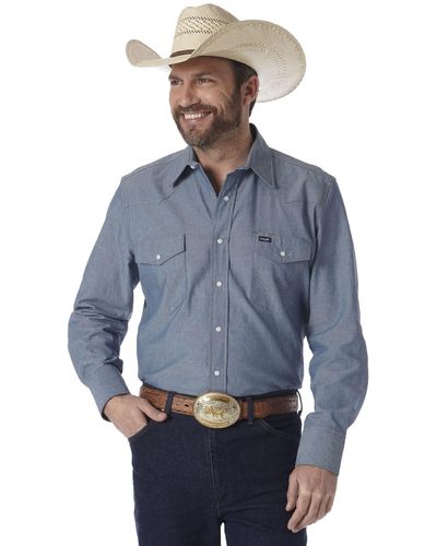 Wrangler Cowboy Cut Western Long Sleeve Snap Work Shirt Firm Finish - Blue