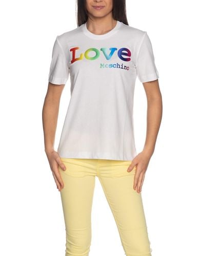 Love Moschino Maglietta in Jersey di Cotone con Logo Lucido sul Davanti. T-Shirt - Bianco