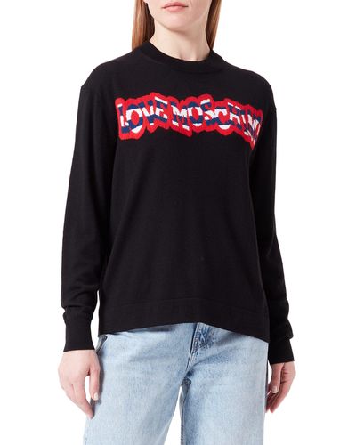 Love Moschino Regular fit Long-Sleeved Roundneck with Striped Logo Pullover Sweater - Schwarz