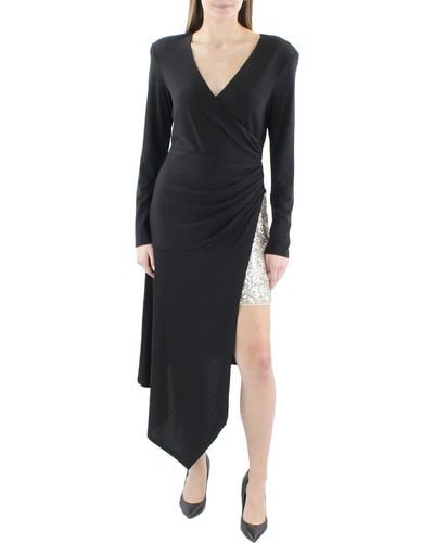 BCBGMAXAZRIA Long Sleeve Overlay Midi Dress With Asymmetrical Hem - Black