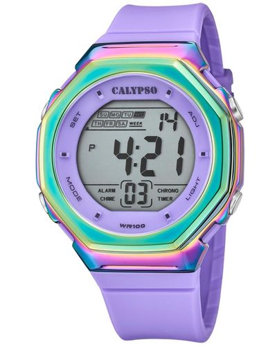 Calypso St. Barth K5842/2 Watch Rubber Plastic 10 Bar Digital Date Light Alarm Timer Purple - Grey