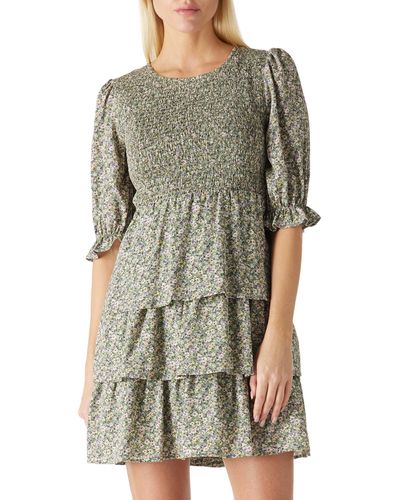 FIND Kleid Sommerkleid mit Blumenmotiv Gesmokt Partykleid Strandkleid Halber Arm Lagenförmiges Rüschenkleid lässig - Mehrfarbig