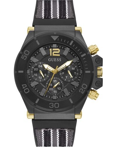 Guess Sport Multifunction FLEX 48mm Watch – Black Dial Gunmetal Stainless Steel Case with Black & Gray Striped Nylon & Silicone - Métallisé