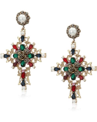 Steve Madden Multicolored Rhinestone And Simulated Pearl Large Cross Design Yellow Gold-tone Dangle Earrings