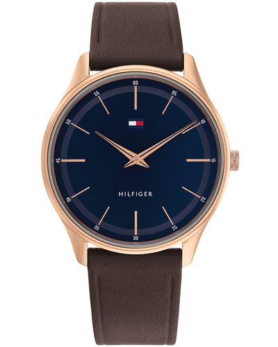 Tommy Hilfiger Quartz Stainless Steel And Leather Strap Hyper Slim Watch - Blue