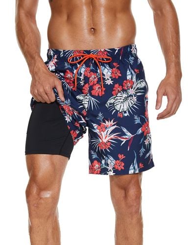 HIKARO S Swim Shorts Swimming Trunks With Compression Liner 2 In 1 Quick Dry Summer Board Shorts For - Blue