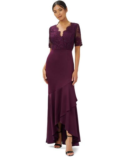 Adrianna Papell Lace Satin Crepe Gown - Purple
