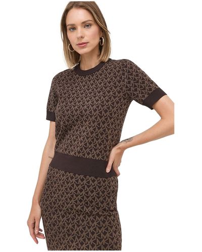 Michael Kors Maglione da donna a maglia Eco con stampa Logo Dots Modello MH1604L5KZ Colore Cioccolato - Marrone