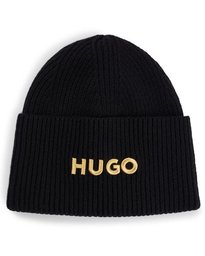 HUGO Logo-embroidered Beanie Hat In A Virgin-wool Blend - Black