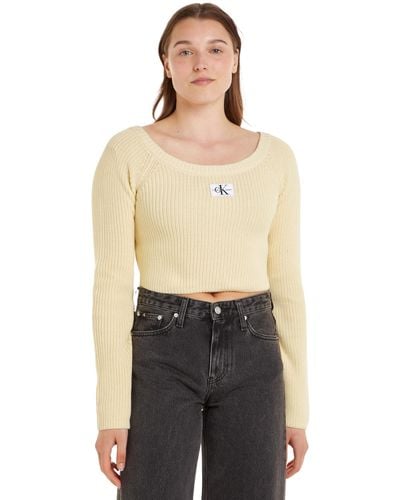 Calvin Klein Pullover Woven Label Off Shoulder Sweater Cropped - Schwarz