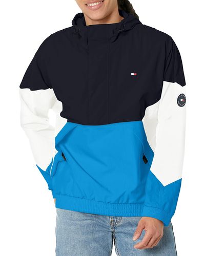 Tommy Hilfiger Retro Lightweight Taslan Hooded Popover Water Resistant Windbreaker Jacket - Blue