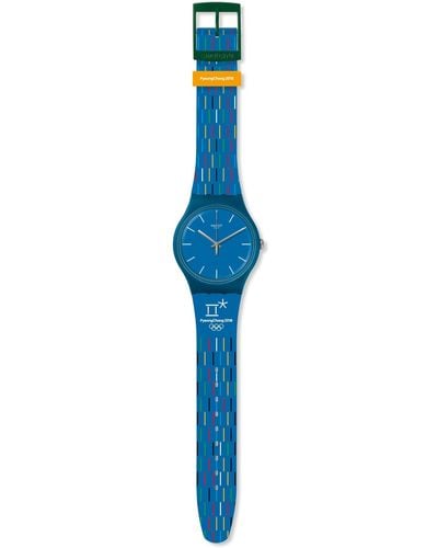 Swatch Unisex Erwachsene Analog Quarz Uhr mit Silikon Armband SUOZ277 - Blau
