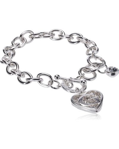 Guess Toggle Chain Bracelet With Logo Heart Link Charm Bracelet - Metallic