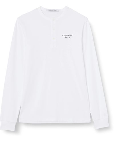 Calvin Klein Maglietta Henley LS con Logo impilato L/S Maglia Top - Bianco