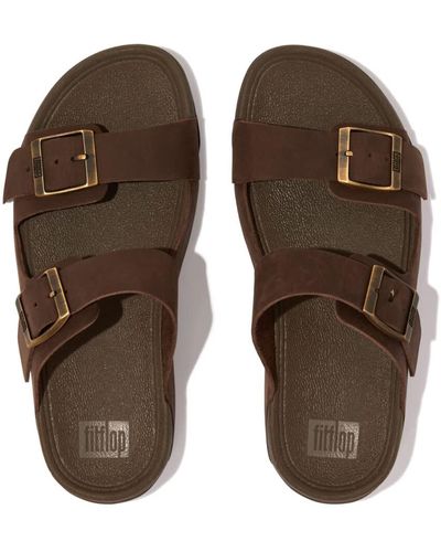 Fitflop Gogh Moc Mens Buckle Leather Slides - Brown