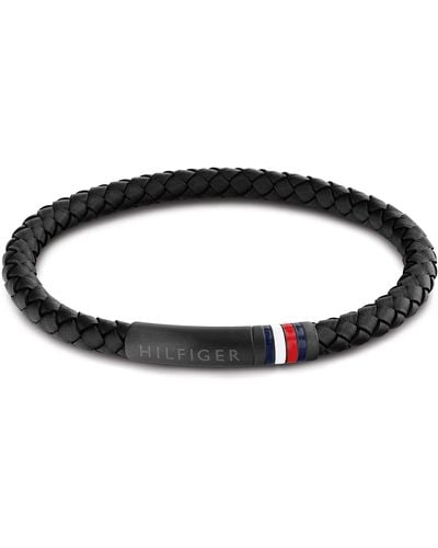 Tommy Hilfiger Braided Stainless Steel And Black Leather Bracelet With Magnetic Closure