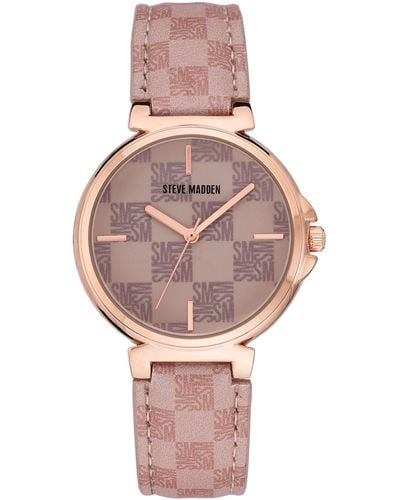 Steve Madden Logo Checkered Patterned Strap Watch - Pink