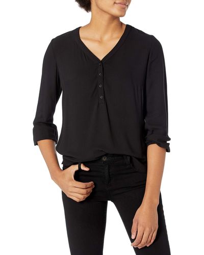 Amazon Essentials Popover Shirt Met Driekwartmouwen En Knoopsluiting - Zwart