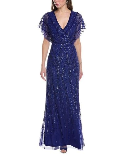 Adrianna Papell Long Beaded Blousson Gown - Blue