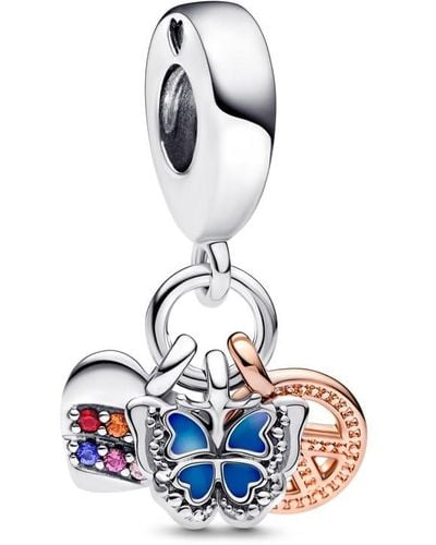 PANDORA Moments Butterfly Heart Peace Sterling Silver And 14k Rose Gold-plated Dangle With Multi Colored Crystal - Blue