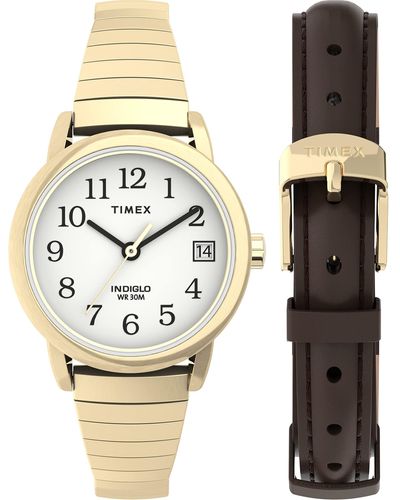 Timex Tone Case White Dial With Tapered Expansion Band + Brown Leather - Metallic
