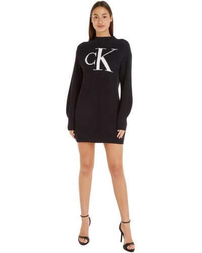 Calvin Klein Jumper Dress Intarsia Loose Long Sleeve - Black