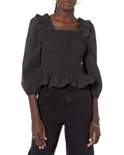 The Drop Marisol Long Sleeve Ruffle Smocked Cropped Top - Black