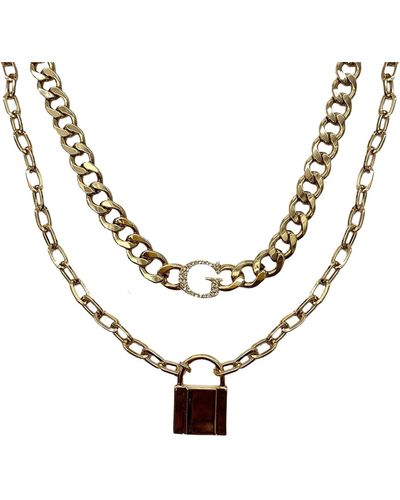 Guess 2 Piece Gold Tone Choker Necklace With Lock Pendant - Metallic