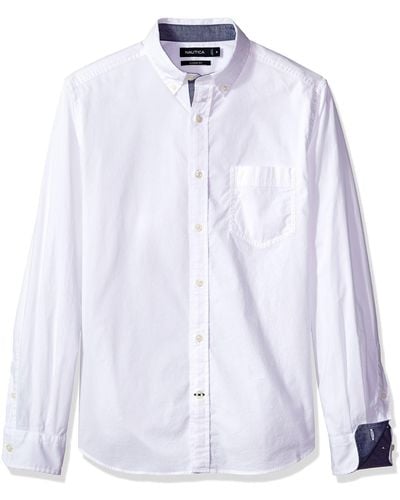 Nautica Mens Classic Fit Stretch Solid Long Sleeve Button Down Shirt - White