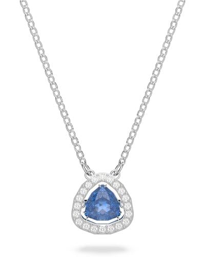 Swarovski Millenia Pendant Necklace With A Blue Trilliant Cut Crystal On A Rhodium Finish Setting And White Crystal Pavé On A Simple Chain