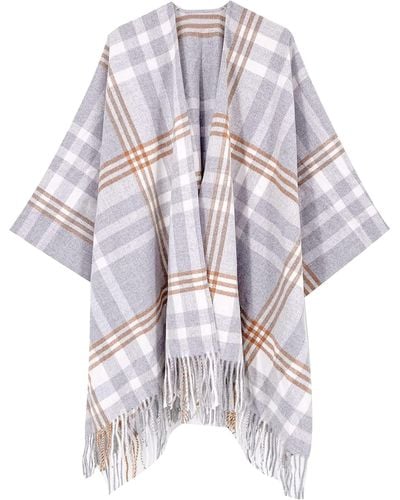 HIKARO Shawl Wrap Open Front Poncho Cape Plaid Tassel Blanket Cardigans Coat For Spring Fall Winter - White