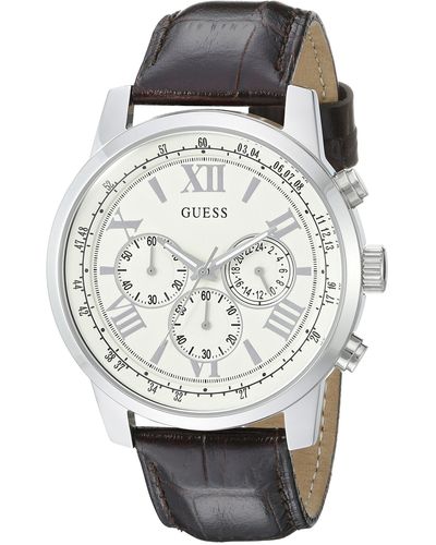 Guess U0380g2 Classic Silver-tone Watch With Brown Genuine Leather Strap And Multi-function Dial