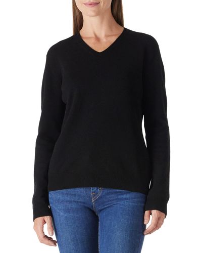 HIKARO Merino Wool Sweater Seamless V-Neck Long Sleeve Pullover - Schwarz