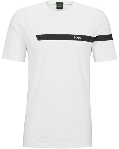 BOSS Camiseta de algodón elástico con raya y logotipo - Blanco