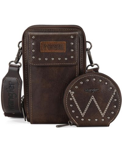 Wrangler Leather Crossbody Bag For Cell Phone Wallet Shoulder Purse With Coin Pouch - Brown