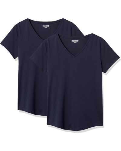 Amazon Essentials T- Shirt 100 % Coton Extensible à ches Courtes et col en V - Bleu