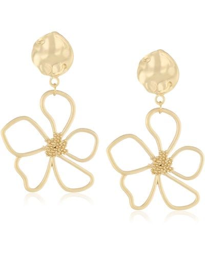 HIKARO Wuliwuli 14k Gold Plated Matt Vintage Metal Texture Flower And Leaves Textured Statement Earrings With Stud For Valentines - Metallic