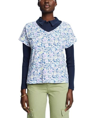 Esprit Baumwoll-Tshirt mitV-Ausschnitt und Allover-Muster - Blau