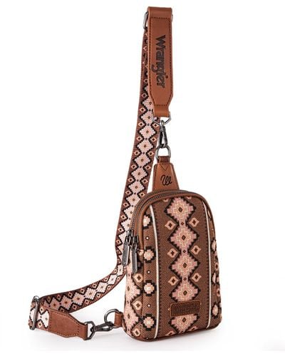 Wrangler Aztec Sling Bag Southwest Crossbody Bags Trendy Chest Bag - Brown