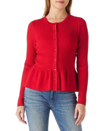 FIND Cropped Cardigan Jumper Long Sleeve Crew Neck Button Knitted Coat Red