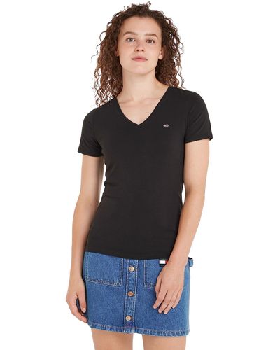 Tommy Hilfiger Tommy Jeans Mujer Camiseta ga Corta TJW Skinny Cuello de Pico - Negro