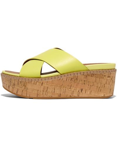 Fitflop Eloise Leather/cork Wedge Cross Slides Sandal - Yellow