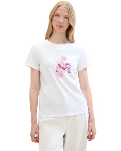Tom Tailor Basic T-Shirt mit Blumen-Print - Weiß