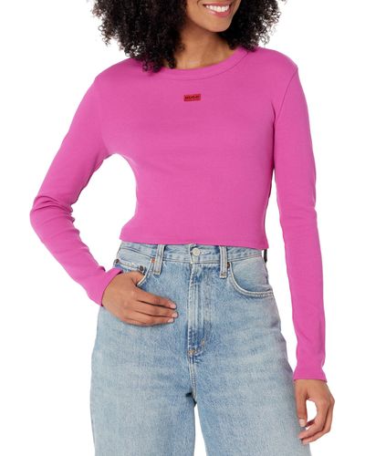 HUGO Small Logo Fitted Crop Long Sleeve Shirt - Pink