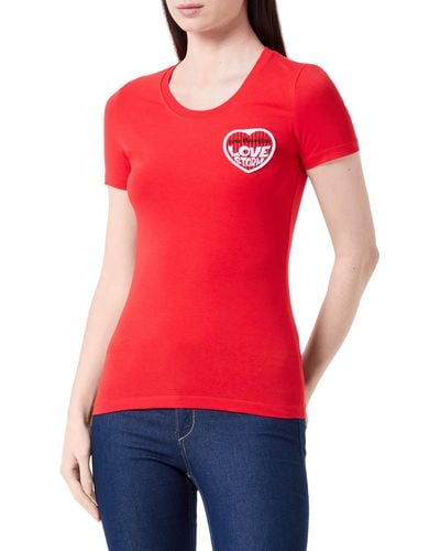 Love Moschino Tight-Fit Short Sleeve with Embroidered Love Storm Knit Effect Heart Patch T-Shirt - Rosso